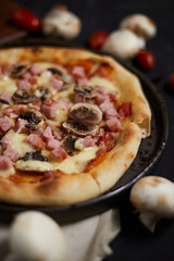Traditional italian pizza with ham and mushrooms