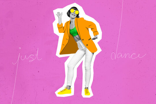 Crazy artwork image of dancer female black and white filter silhouette hang out night club wear colorful clothes sunglasses