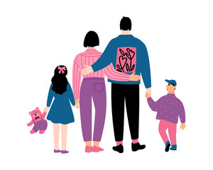 Father, mother, son, daughter standing back to viewer. Traditional heterosexual family. Parents and children. Vector flat illustration