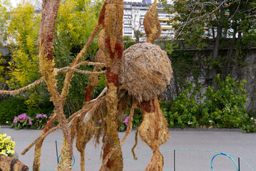 Sea animals grass sculptures with jelly fish at riviera of Lake Geneva at Swiss City of Montreux on a cloudy spring day. Photo taken April 4th, 2022, Montreux, Switzerland.