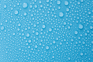 Water drops on blue background, top view of pattern with drop, flat lay as overlay