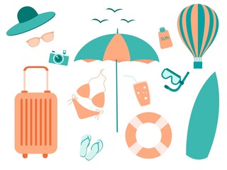Beach set for summer travel. Accessories for sea holidays. Flat vector illustration