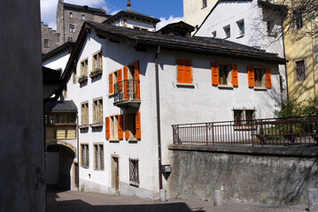 Fototapeta na wymiar Medieval old town of City of Sion with alley and historic houses on a sunny spring day. Photo taken April 4th, 2022, Sion, Switzerland.
