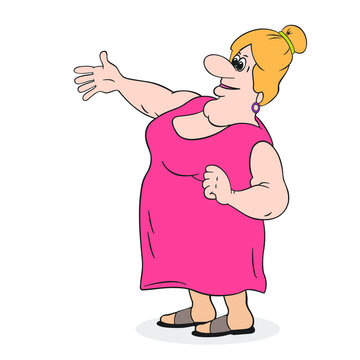plump housewife in a sundress with her hand raised, cartoon, on a white background
