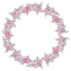 Fototapeta na wymiar Pink roses round frame hand drawn vector