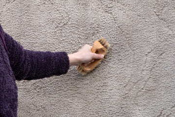 brushing a light-colored carpet with detergent