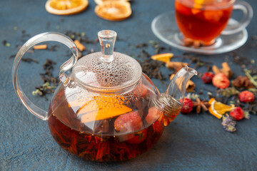 Fruit tea in a glass bowl. Healthy food, vitamins, antioxidants.
