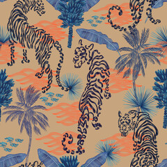 Trendy seamless pattern with Chinese tiger in lush stylized tropics, Asian motifs. symbol of the Chinese new year according to the lunar calendar.