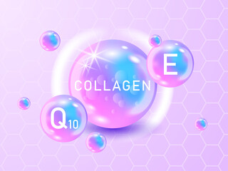 Collagen solution, Q10, Vitamin E. Vitamin skin care for ad. Shining pill capsule icon. Substance For Beauty, Cosmetic, Heath Promo Ads Design. 3D vector background