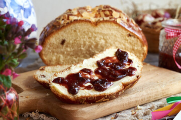 Mazanec, Czech sweet Easter pastry, with butter and marmalade