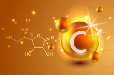 Nutrition sign vector concept. The power of vitamin C. Chemical formula - obrazy, fototapety, plakaty