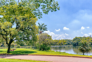 Obraz premium Garden surrounded by trees and a lake in a sunny day