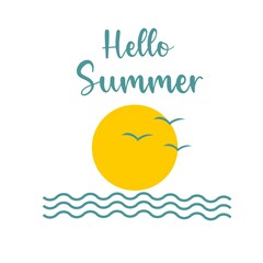 Hand drawn lettering Hello Summer with doodle yellow sun, turquoise sea. Bright vector illustration