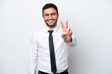 Business Brazilian man isolated on white background smiling and showing victory sign