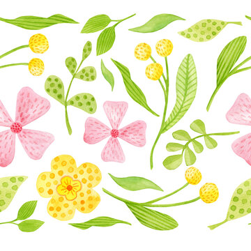 Watercolor floral seamless border pattern. Hand painted spring flowers background isolated on white. Cute botanical motifs for textile. Summer meadow repeated design. Cartoon plants illustration
