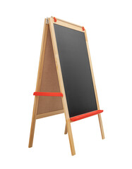 Children's floor easel for study and drawing. A children's floor easel for drawing with markers and paints stands on a white background.