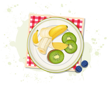 Kiwi Fruit Slices with peeled banana vector illustration  with blue berries from the top view