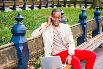 Young African American Man talking on cell phone, working on laptop computer at Central Park, New York