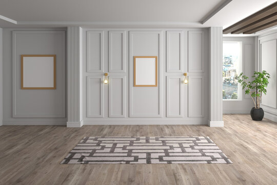 3D Rendering Of Neoclassical Empty Living Room Interior. Front View