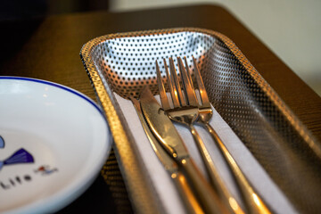 Close-up of cutlery and container for western food