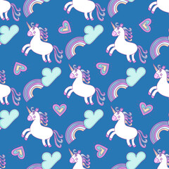 Cute unicorn seamless pattern design on blue background with rainbow,сlouds and hearts. Suitable for baby clothes design, for digital paper and wrapping paper design.