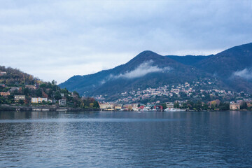 Beautiful view of the lake Como in the Lombardy region of Italy on a cloudy day. Travel Italy.
