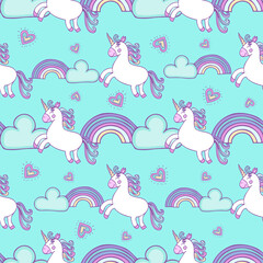 Flying unicorn seamless pattern design on blue background with colorful rainbow,сlouds and hearts. Suitable for baby clothes design, for digital paper design and wrapping paper.