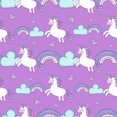 Cute  flying unicorn seamless pattern design on purple background with clouds,rainbow and  hearts. Suitable for baby clothes design, for digital paper and wrapping paper design.