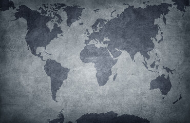 World map on old grunge gray blue background