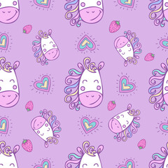 Cute unicorn face seamless pattern with strawberry and heart on purple background. Vector illustration can be used for baby clothing design and for scrapbooking  for wrapping paper and digital paper.