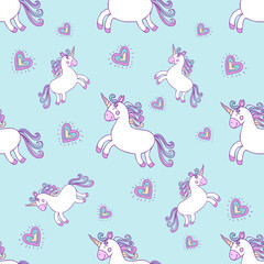 Cute unicorn and heart seamless pattern on light blue background. Vector illustration can be used for baby clothing design and for scrapbooking design for wrapping and digital paper.