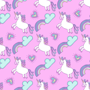 Cute unicorn seamless pattern design on pink background with rainbow,сlouds and colorful hearts. Suitable for baby clothes design, for digital paper and wrapping paper design.