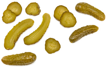 marinated pickled cucumbers with slices isolated on white background. Clipping path and full depth of field. Top view