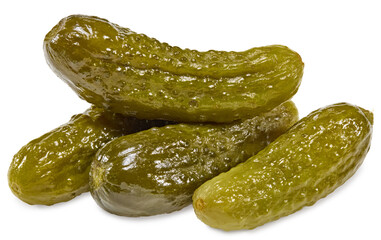 marinated pickled cucumbers isolated on white background. Clipping path and full depth of field