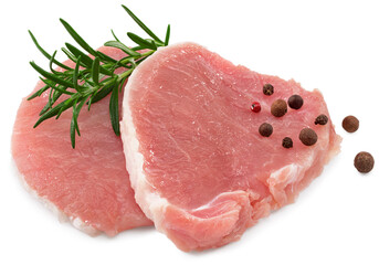 sliced raw pork meat with rosemar and peppercorn isolated on white background. Clipping path and full depth of field