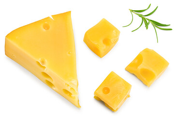 Cut of cheese with slices and rosemary isolated on white background. Clipping path and full depth of field. Top view