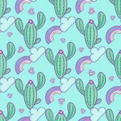 Cactus and rainbow seamless pattern design. Cactus with rainbow and clouds on light blue background.Suitable for baby clothes design, for digital paper and wrapping paper design.