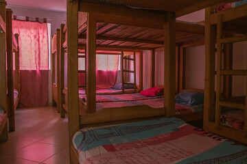 small room with many bunks - obrazy, fototapety, plakaty
