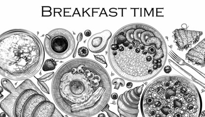 Vector illustration of different breakfasts. Fried eggs with bacon, tomatoes, mushrooms in a pan, pancakes, oatmeal with fruits, corn flakes with fruits, bread on the board, sandwiches, croissant