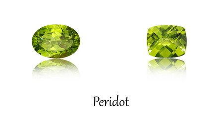 collection of macro mineral stones, set of faceted Peridot precious minerals on a white background