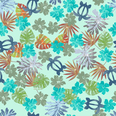 ハワイアンリゾートのシームレスなパターン。テキスタイル、壁紙、包装紙のデザイン。