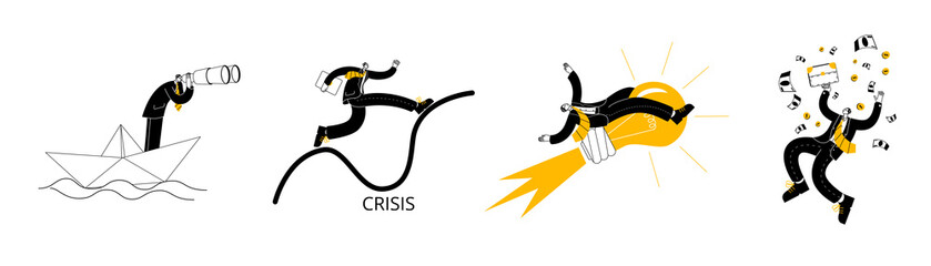 A set of vector illustrations with a man in a business suit. A set of metaphor illustrations on the topic of business.