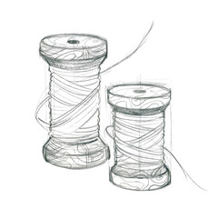 Hand-drawn graphite pencil sketch of vintage wooden spools of thread. Freehand pencil drawing isolated on white.