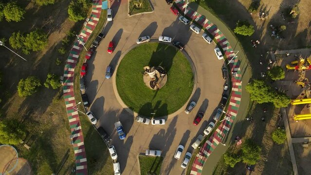 Roundabout close to Kempes park at Cordoba in Argentina. Aerial top-down view
