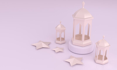 islamic decoration background with golden lantern and star. 3d illustration rendering