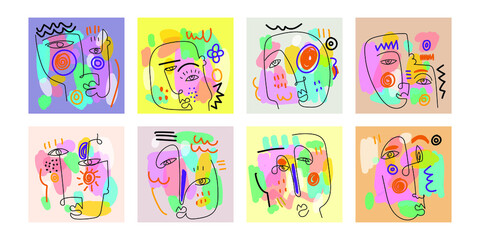 Set of abstract face portrait line art vector illustration. Trendy colorful design templates abstract shapes hand drawing.