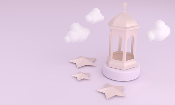 islamic decoration background with gold lantern and star cartoon stye. 3d illustration rendering
