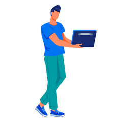 Business man with laptop flat vector illustration isolated on white background. Man working on a laptop computer.