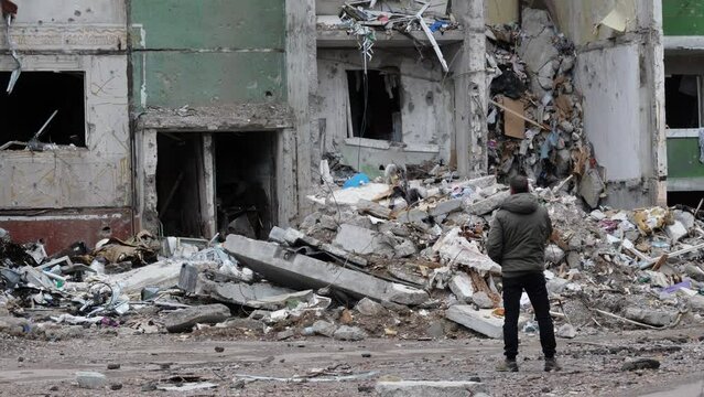 Chernihiv Ukraine 2022: A destroyed building after air attack. Result of rocket or artillery shelling   residential buildings by Russian Federation army.
Ruins during War of Russia against Ukraine.