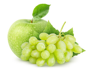 Isolated fruits. Wet apple fruit and green (yellow) grapes with leaves isolated on white background...